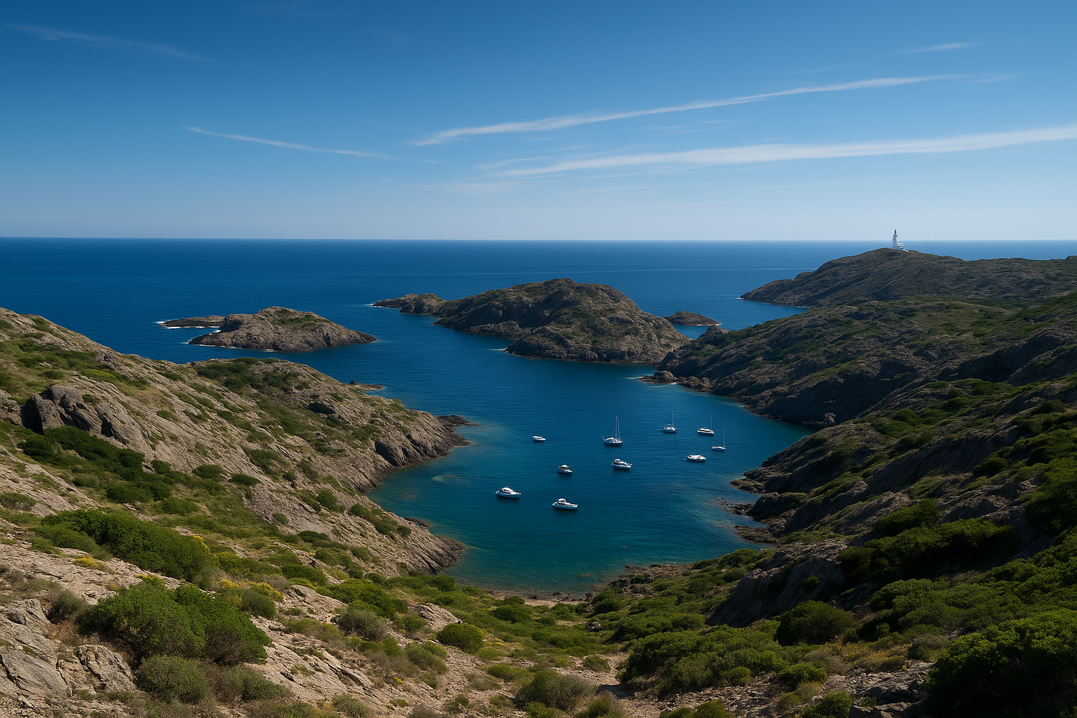 Paisaje costero con faro y barcos
